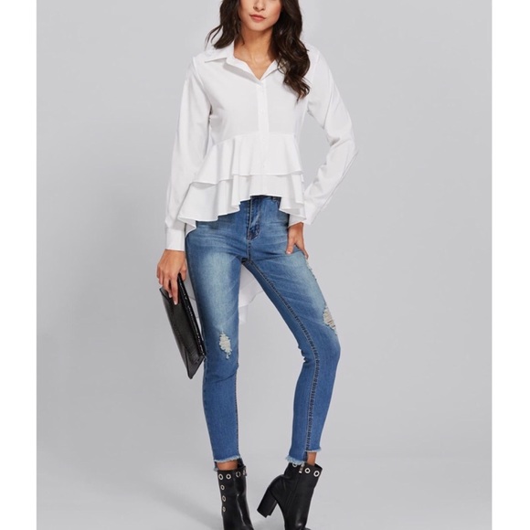 White High Low Ruffles Hem Button Down Blouse - Picture 5 of 6